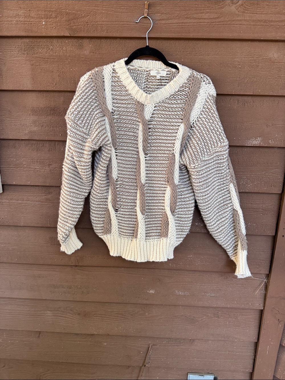 entro Women's Two-Tone Cable Knit Sweater in Cream and Tan size Small